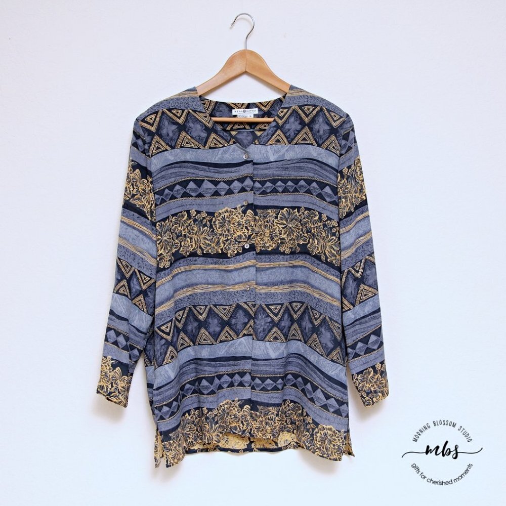 Real Clothes Saks Fifth Avenue Aztec Silk Button Down Shirt with‎ Shoulder Pads